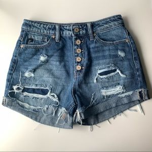 Kan Can High Rise Button Fly Distressed Denim Shorts